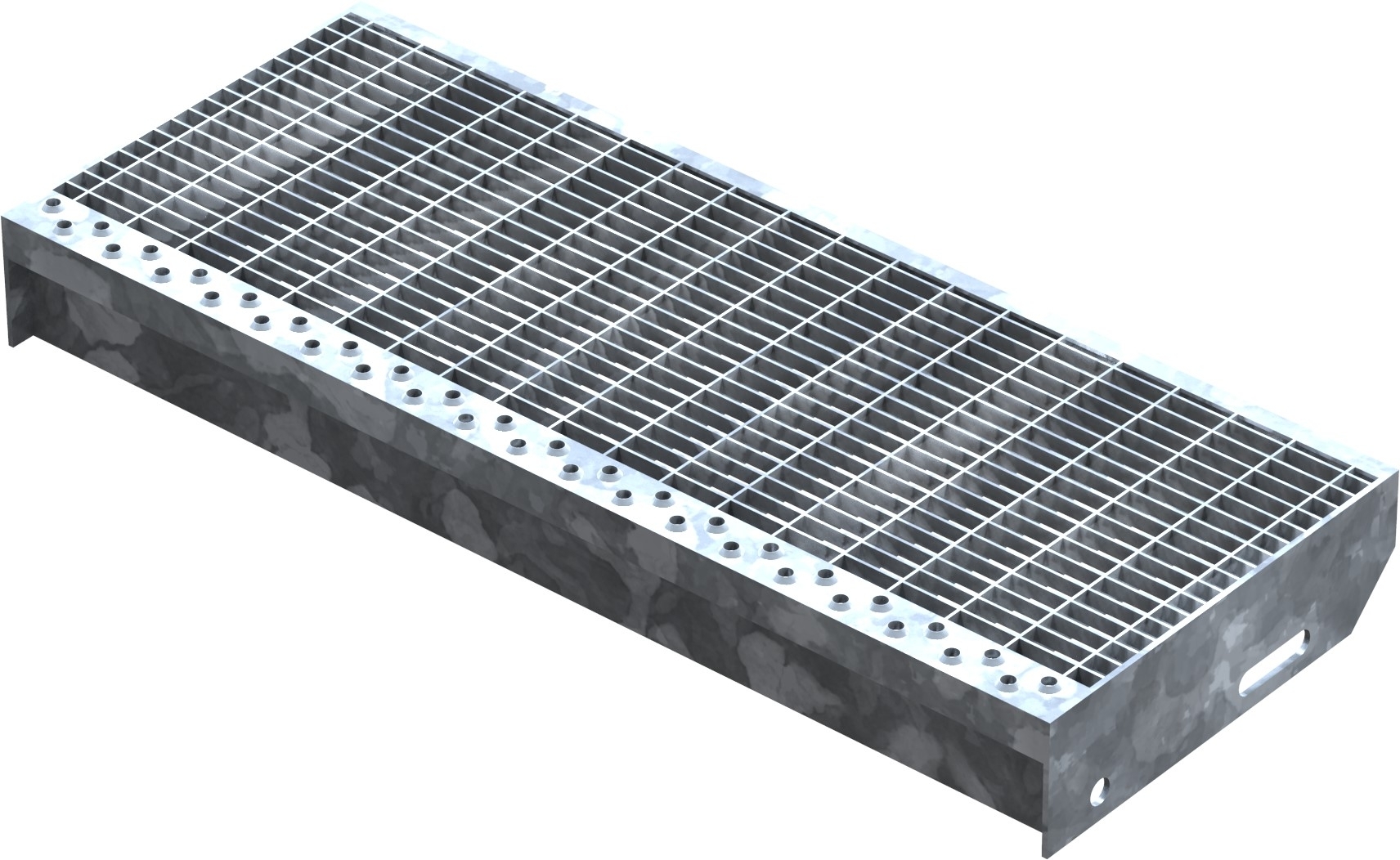 Marche en caillebotis Marche d'escalier | Dimensions : 600x240 mm 30/10 mm | S235JR (St37-2), galvanisé à chaud en bain complet