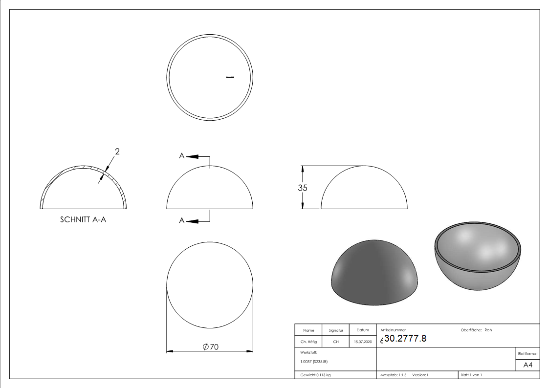 Boule semi creuse Ø 70 mm | lisse | acier S235JR, brut