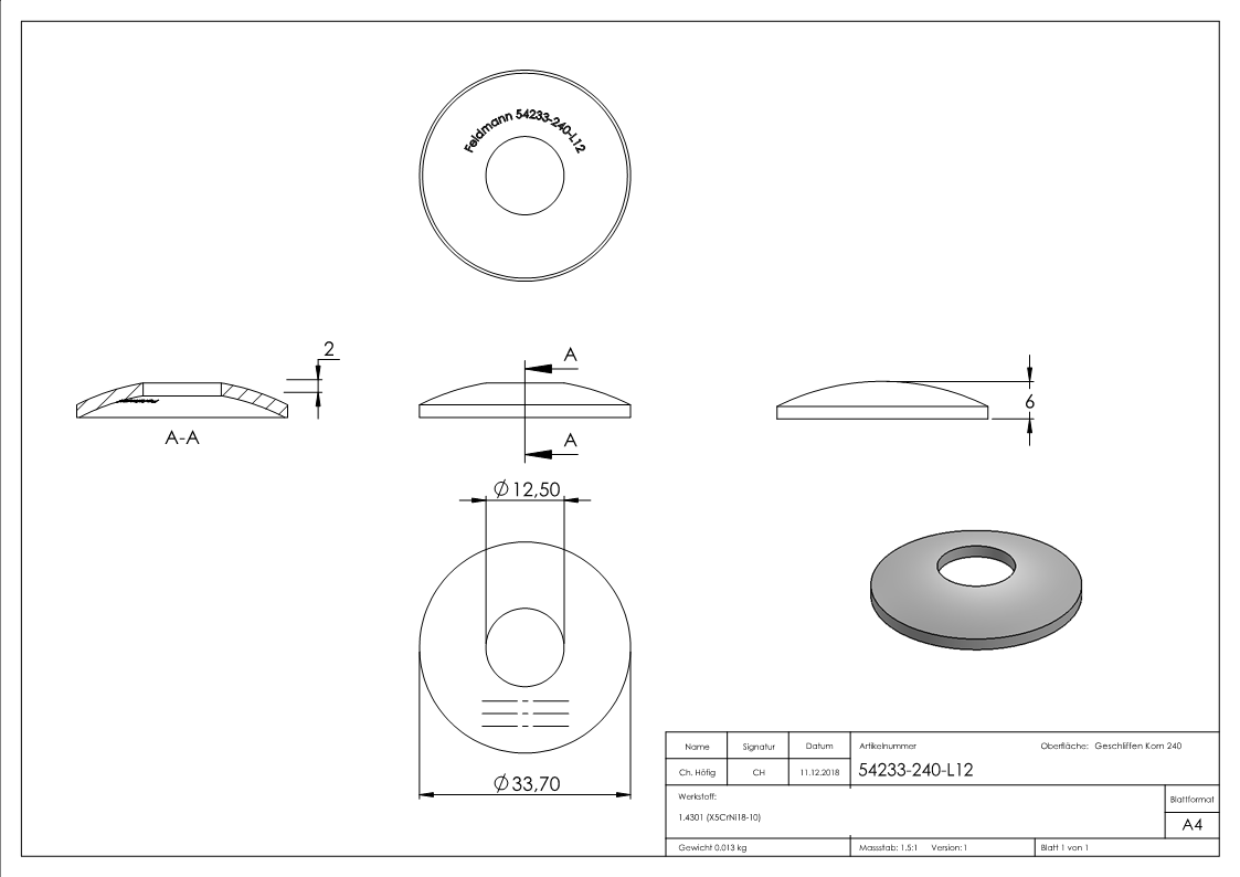 bol bombé, Ø 33mm, avec trou, V2A