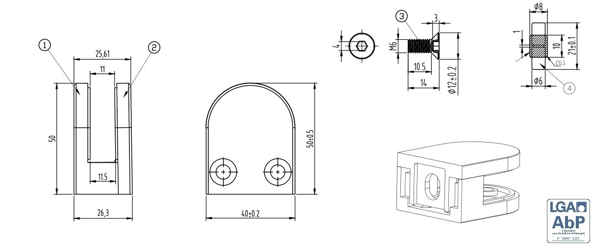 Pince en verre | Dimensions : 50x40x26 mm | Connexion plate | V2A 1 Parr rubber 6.00 mm ESG