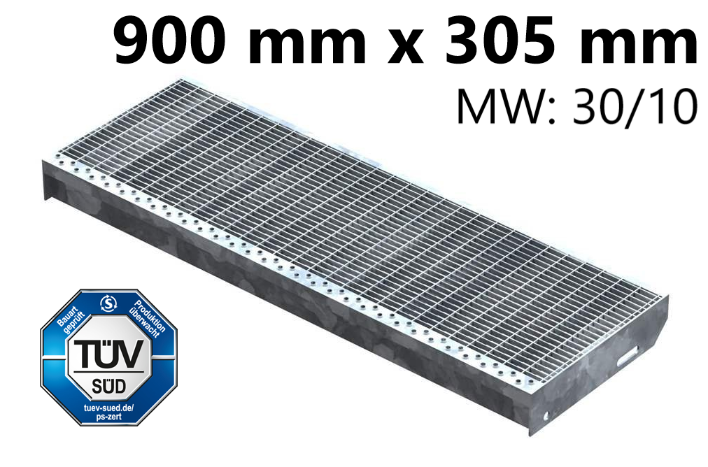 Marche en caillebotis Marche d'escalier | Dimensions : 900x305 mm 30/10 mm | S235JR (St37-2), galvanisé à chaud en bain complet