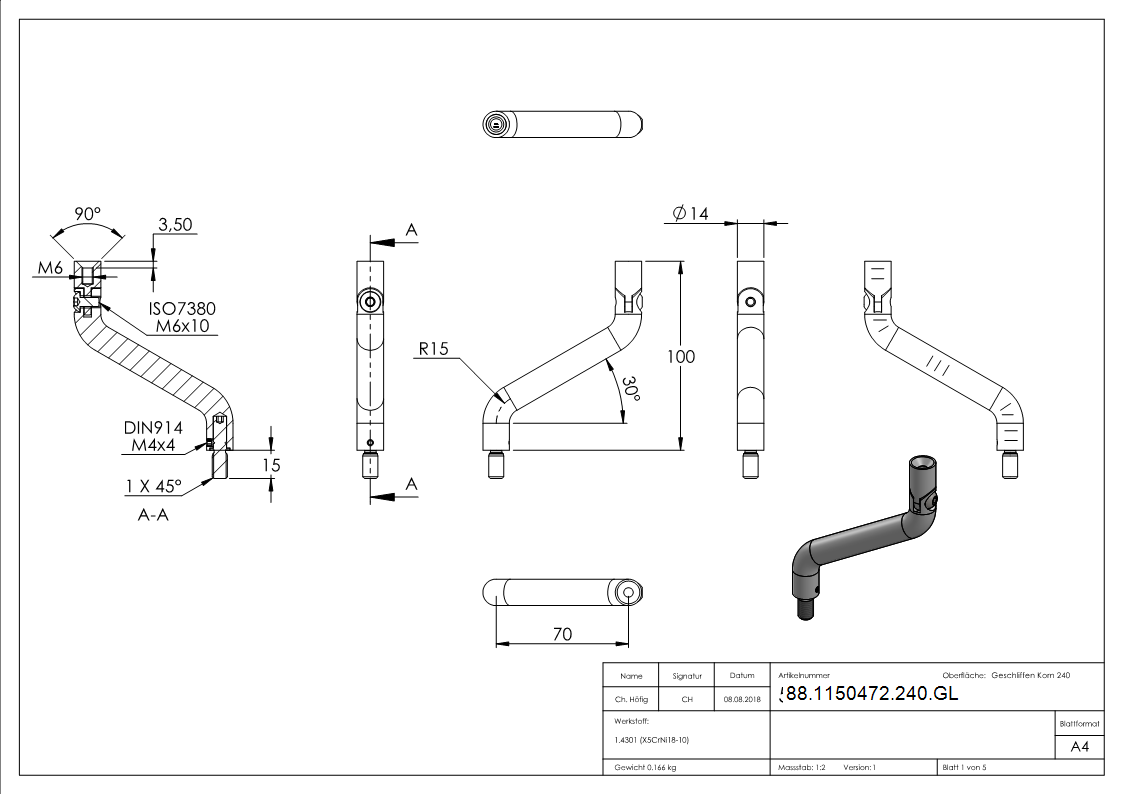 Support Ø 14mm, 2x 30° coudé, V2A