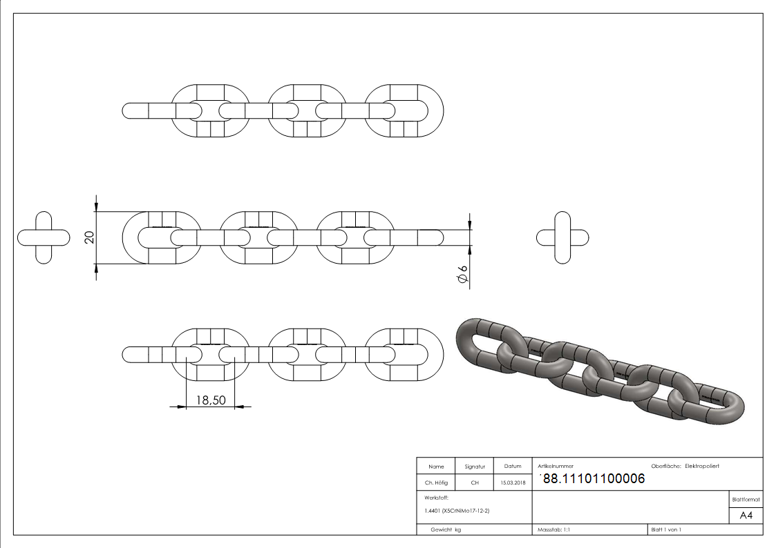 Chaîne VA DIN 766, Ø 6mm