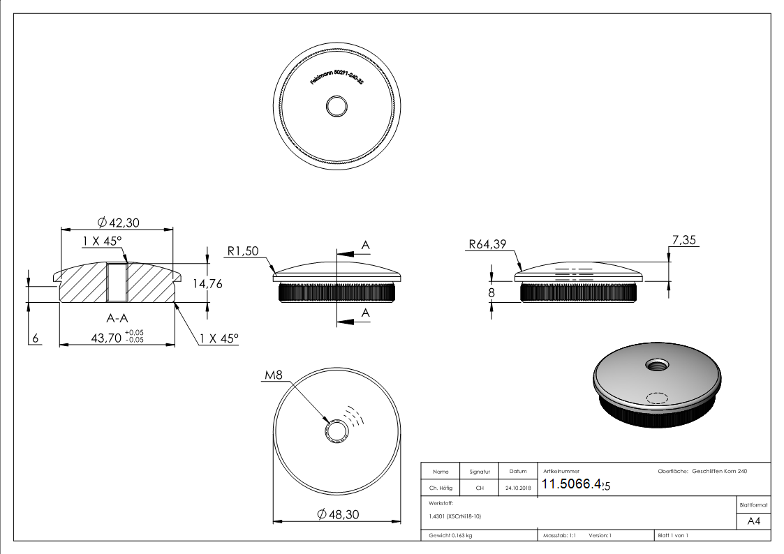 Bouchon légèrement bombé V2A matériau plein avec M8 pour Ø 48.3x2.6 mm