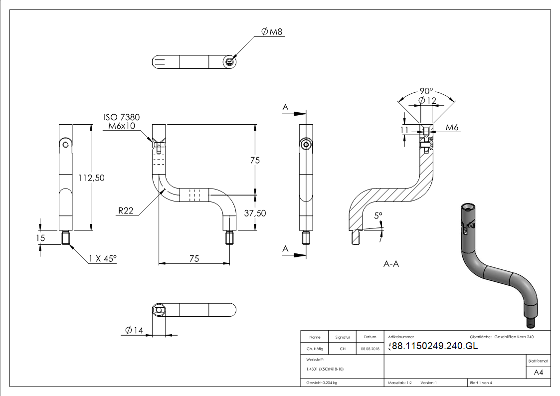 Support Ø 14mm, 2x 90° coudé, V2A