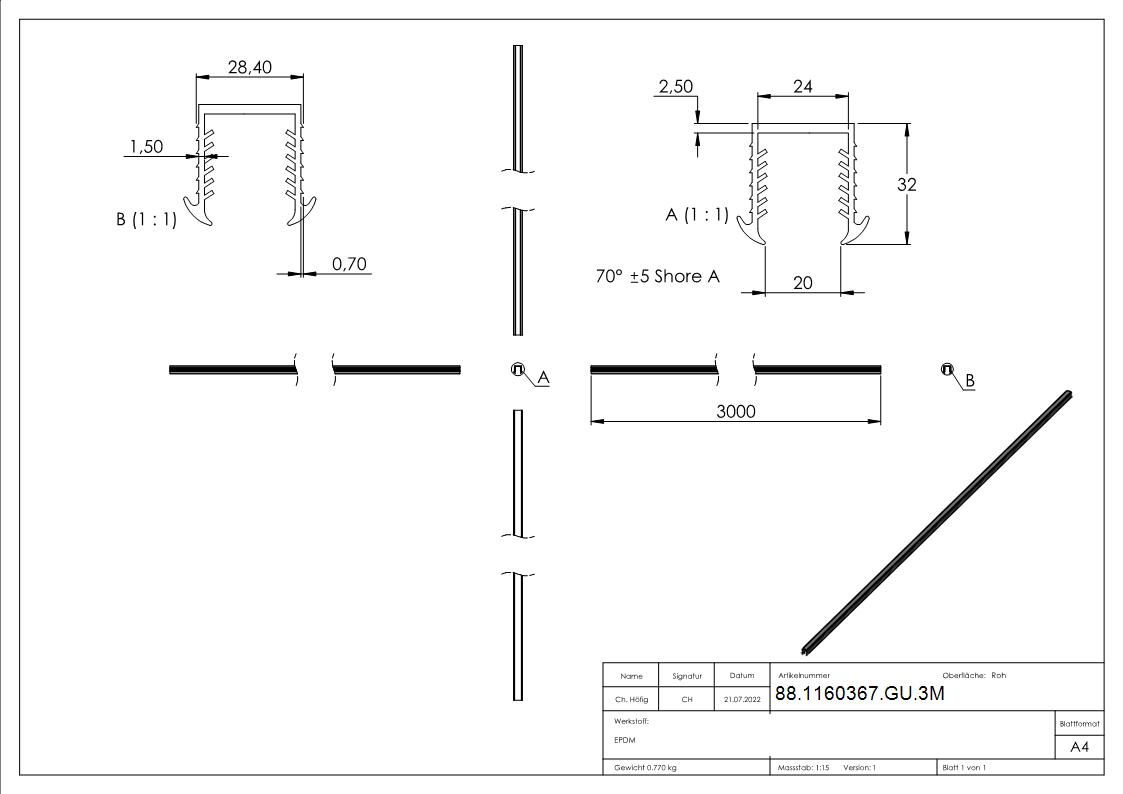 Joint à coin verre 20,76 - 21,52mm, pour rainure 27 x 30mm, longueur 3m, EPDM