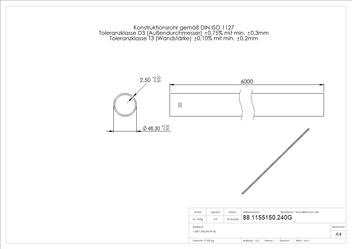 V2A pipe grain 240 48.3 x 2.6m recuit