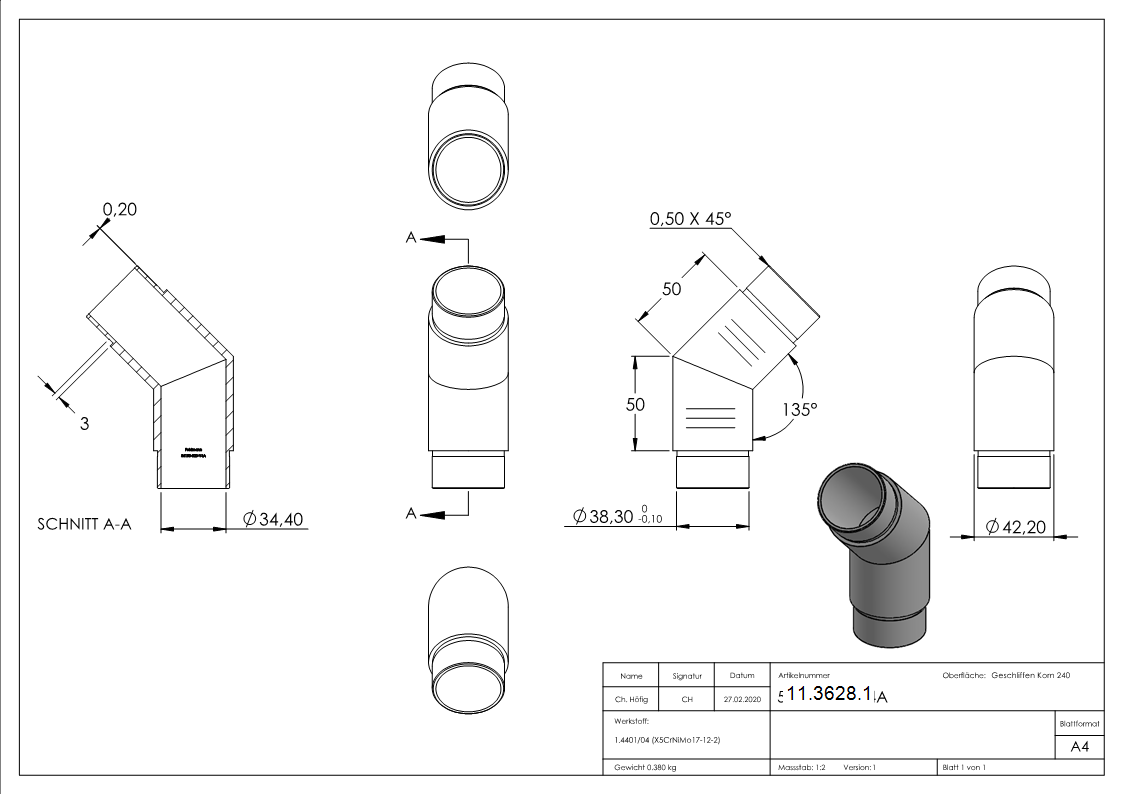 Coude d'angle 135°, pour tube rond Ø 42.4x2.0 mm V4A