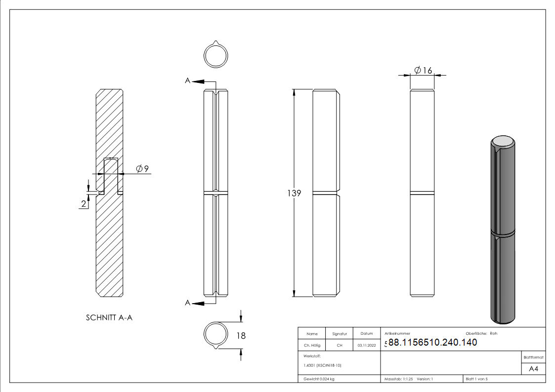 Sangle à souder, longueur : 140mm, embout fixe, V2A