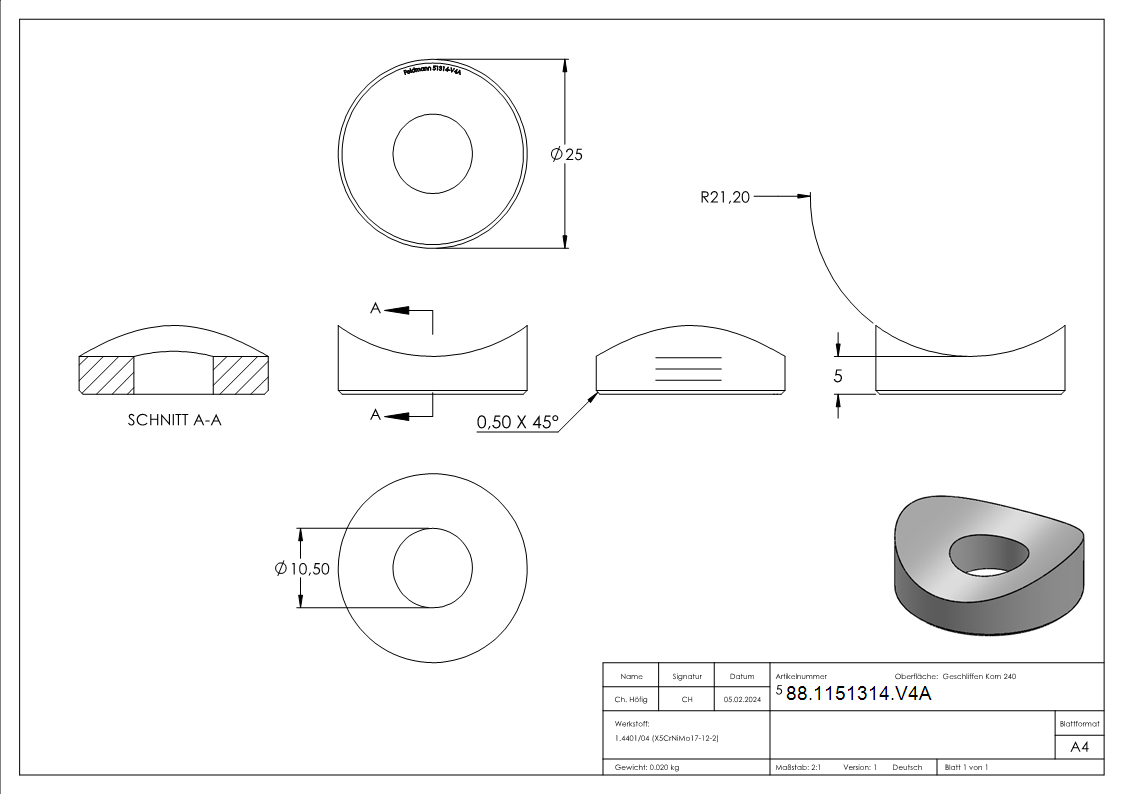 Ausgleichsstück Ø 25mm für Rundrohr 42,4mm V4A