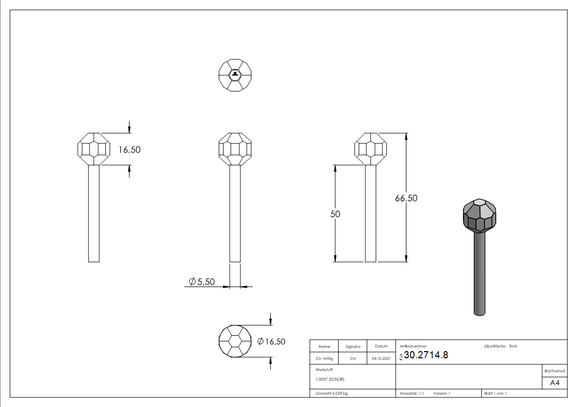 Boulon à tête sphérique Ø 5/15 mm | lourd | acier S235JR, brut