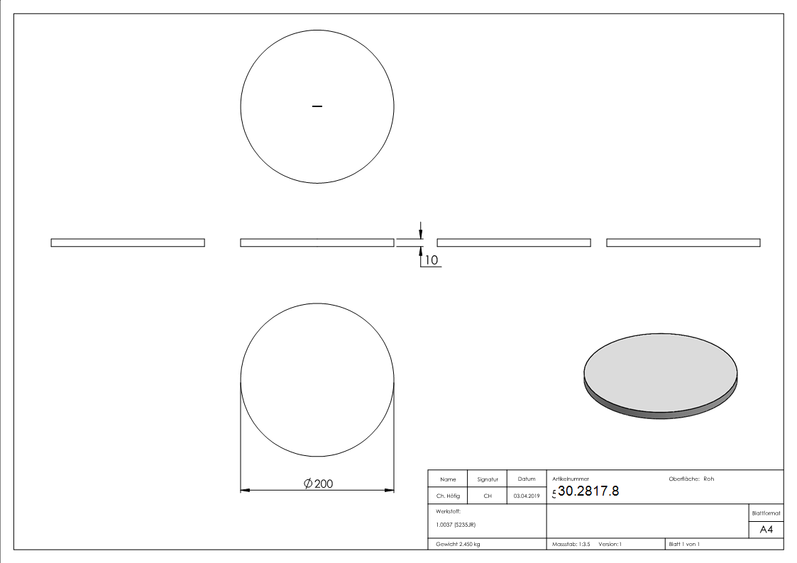 Découpe circulaire | Ø 200x10 mm | Acier S235JR, brut