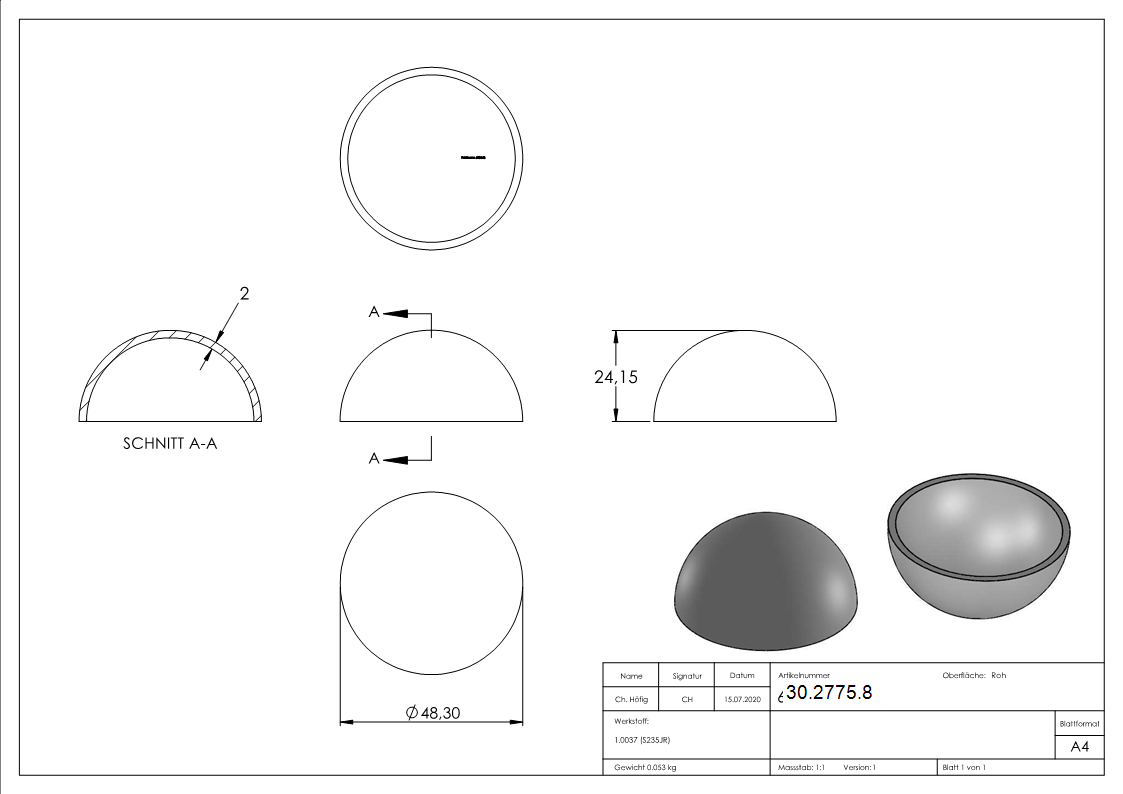 Boule semi creuse Ø 48 mm | lisse | acier S235JR, brut