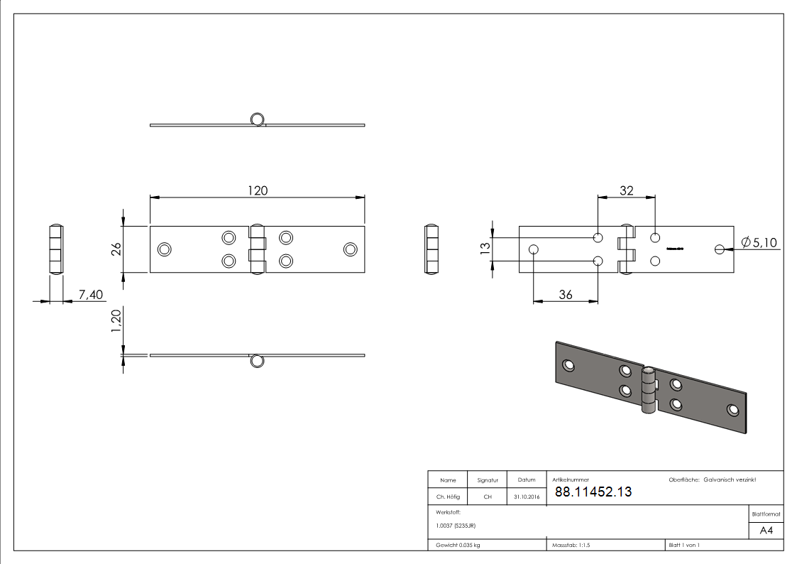 Charnière 26 x 120mm avec axe fixe