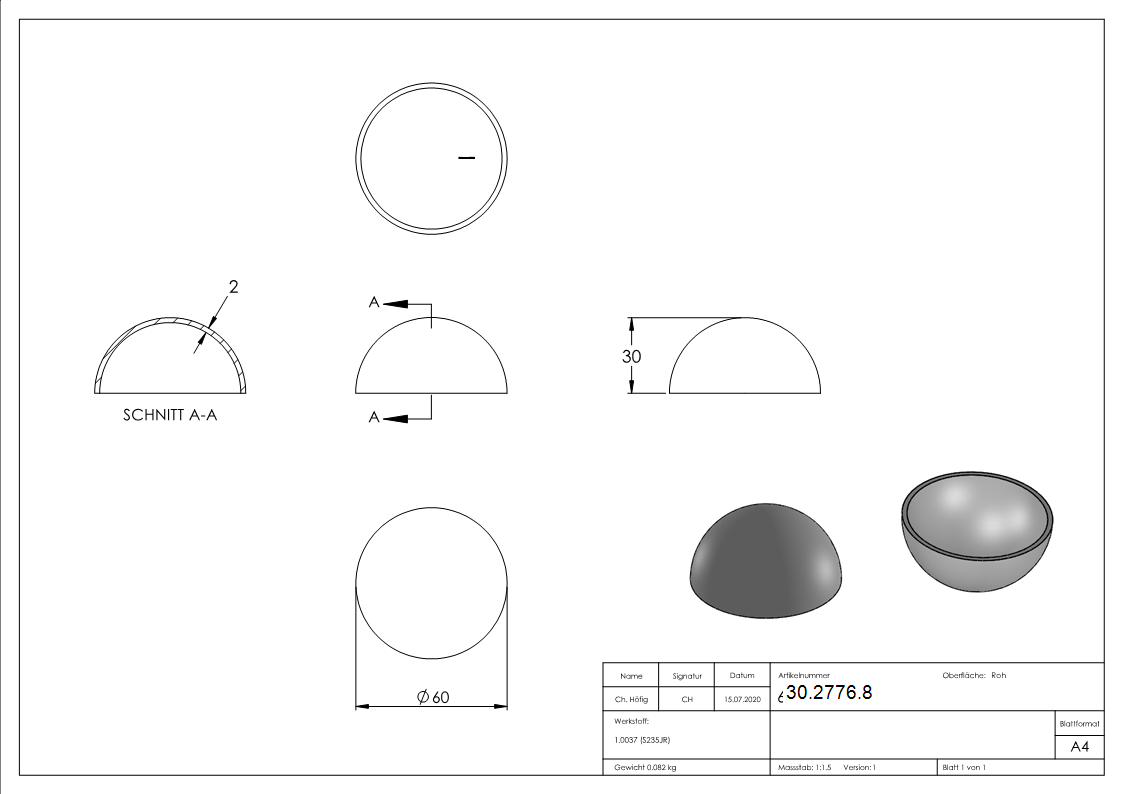 Boule semi creuse Ø 60 mm | lisse | acier S235JR, brut