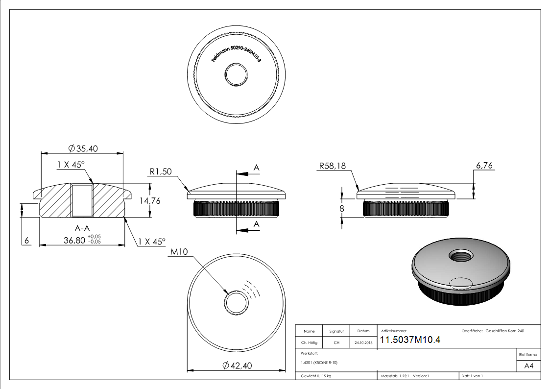 Bouchon légèrement bombé avec M10 pour Ø 42.4x3.0 mm V2A matériau plein