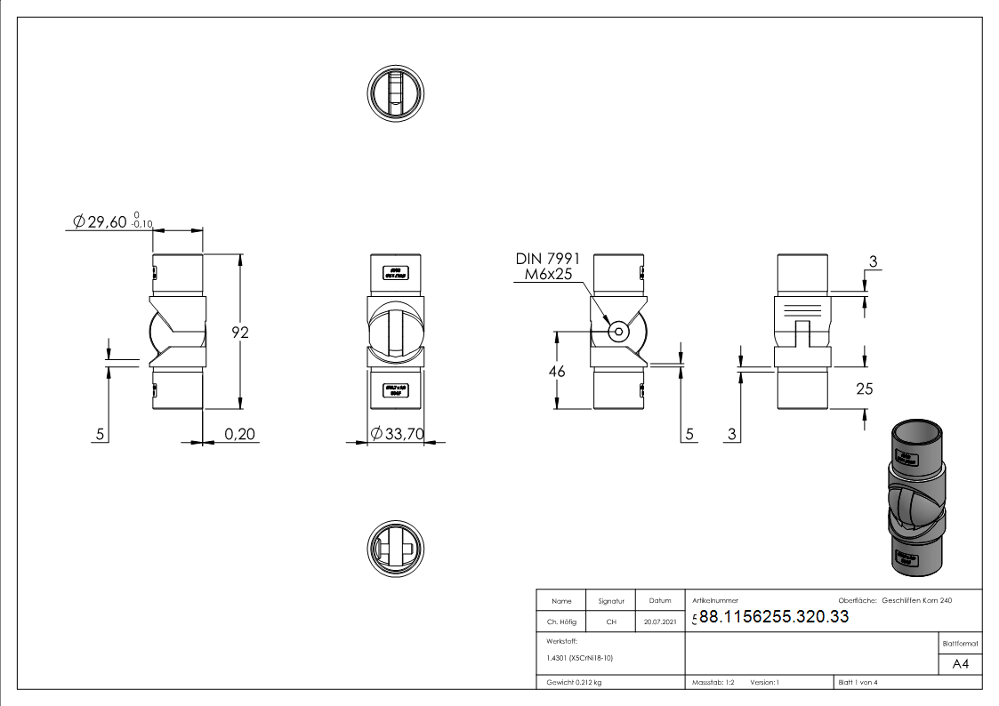 Pièce d'articulation creuse pour câble, pour tube 33,7 x 2,0mm