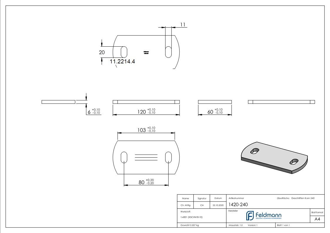 Plaque d'ancrage | dimensions : 120 x 60 x 6 mm | avec trou oblong | V2A