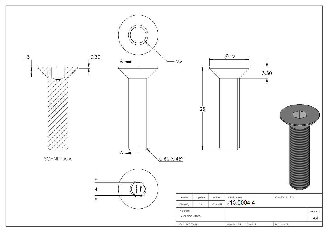 Vis à tête fraisée M6x25 mm V2A