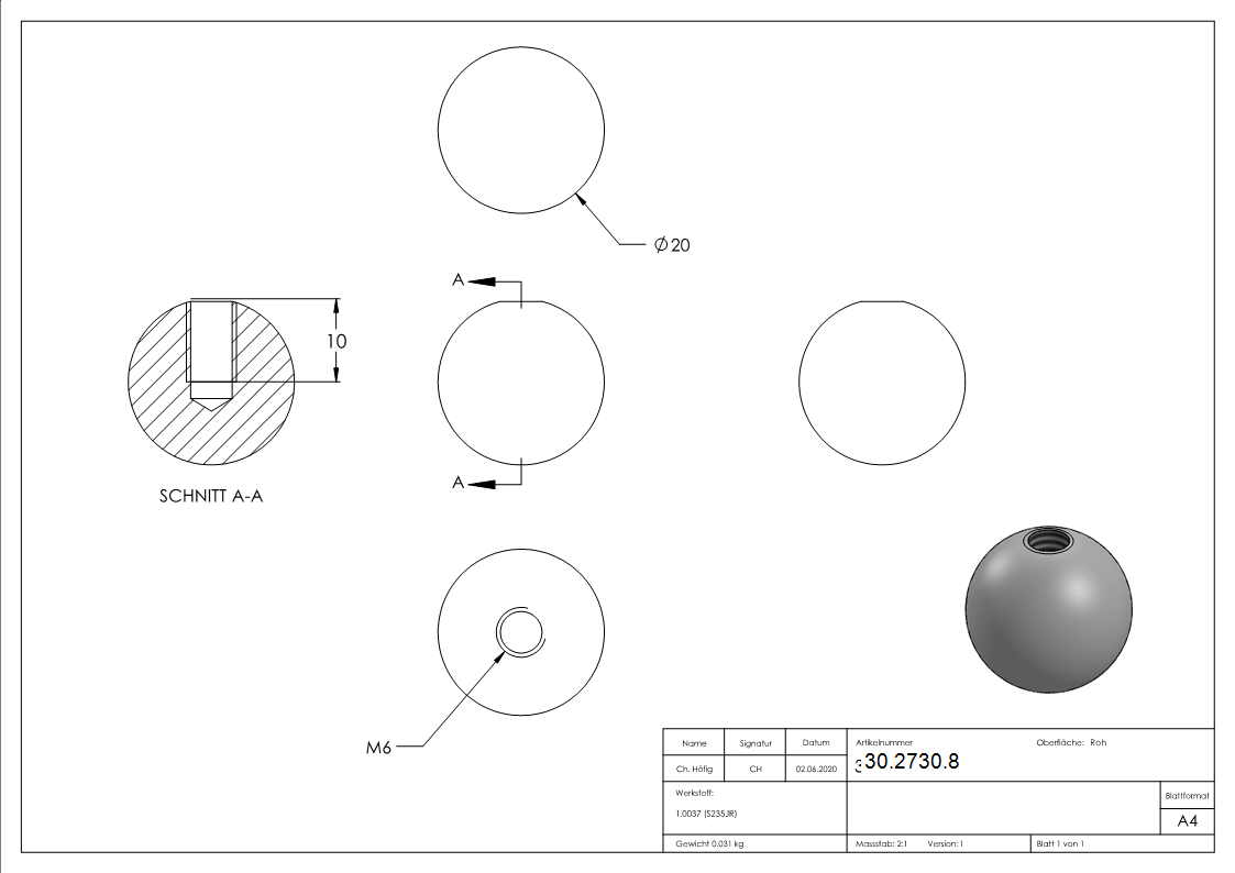 Boule Ø 20 mm | solide et lisse | avec filetage M6 | acier S235JR, brut