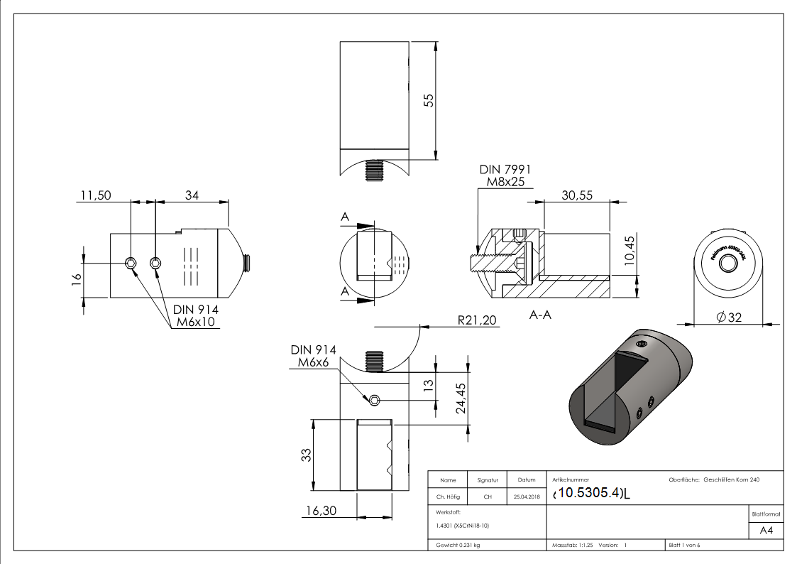 Porte-verre/plaque Ø 32 mm avec raccord 42,4 mm