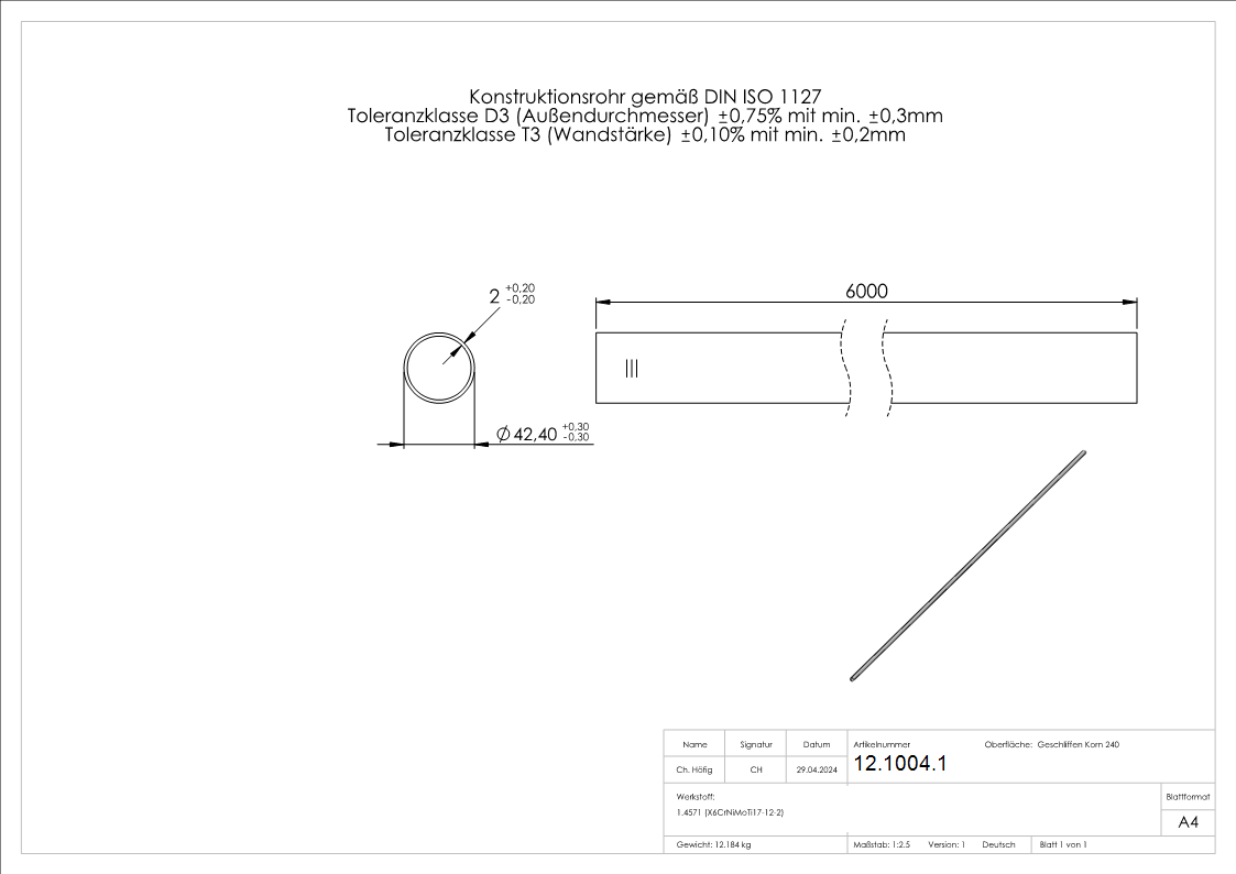 Tube rond Ø 42,4x2,0 mm á 6 m V4A