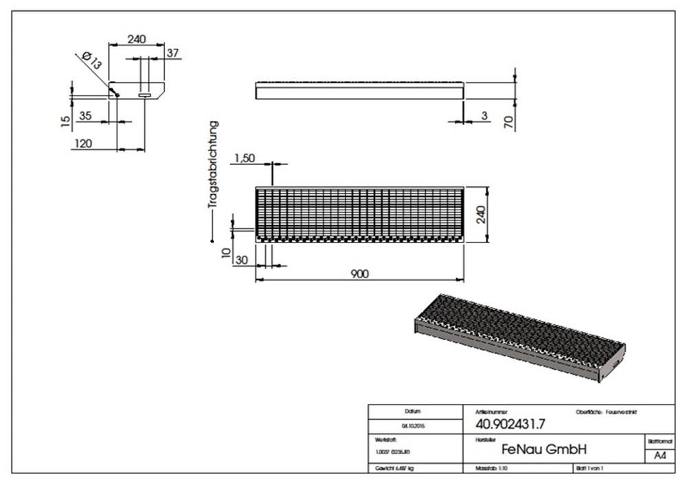 Marche en caillebotis Marche d'escalier | Dimensions : 900x240 mm 30/10 mm | S235JR (St37-2), galvanisé à chaud en bain complet