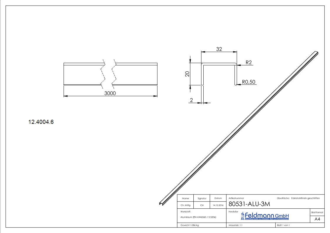 Profil en U | dimensions : 32x20x2 mm | longueur : 3000 mm | aluminium elox. E4/EV1