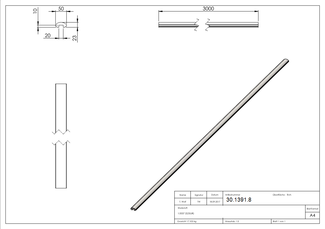 Main courante | dimensions : 50x22,5 mm | longueur : 3000 mm | avec rainure | acier (brut) S235JR