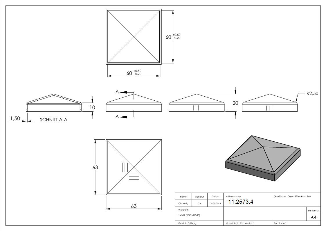 Capuchon de poteau pour tube carré : 60x60 mm | V2A
