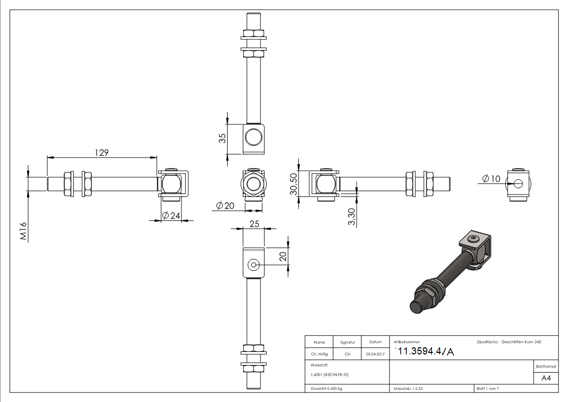 Charnière M16 à filetage long V2A