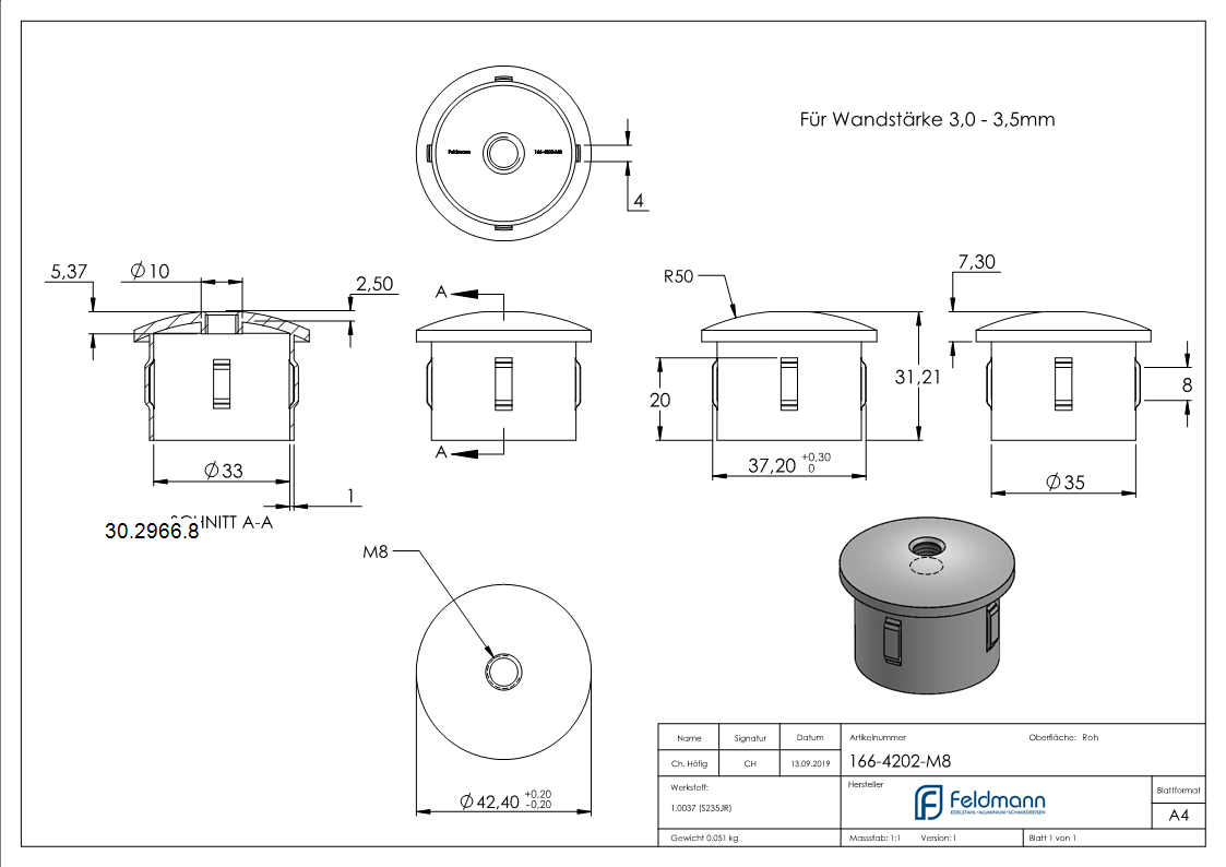 Bouchon en acier | avec M8 | légèrement courbé | pour tube Ø 42,4 x 3,0-3,5 mm | acier (brut) S235JR