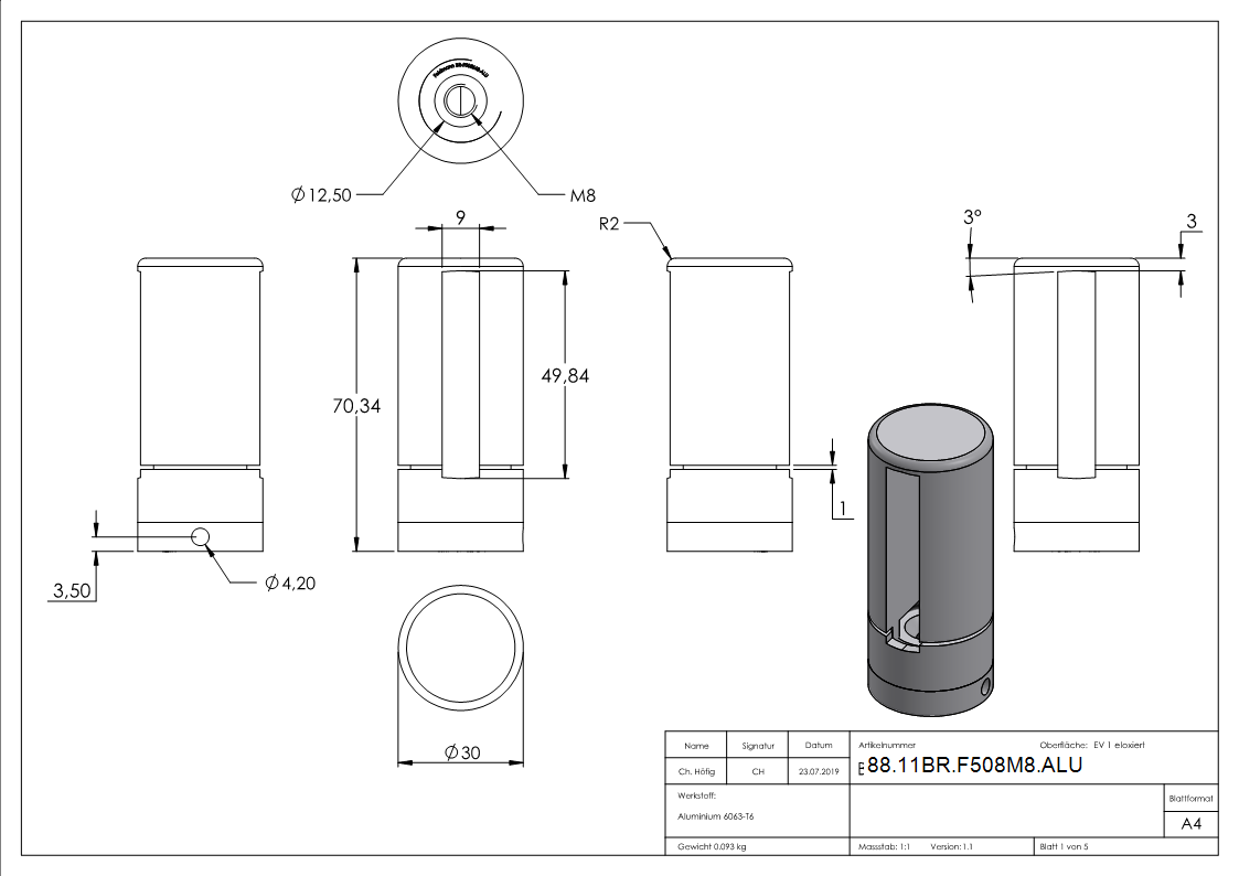 Support de base Brenk pour barres plates 50 x 8mm, ALU