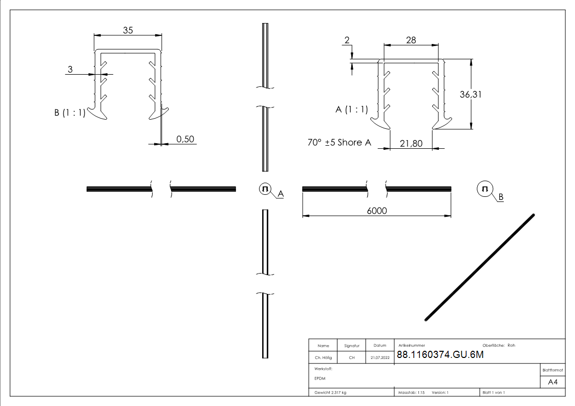 Joint à coin verre 24,76 - 25,52mm, pour rainure 34 x 34mm, longueur 6m, EPDM