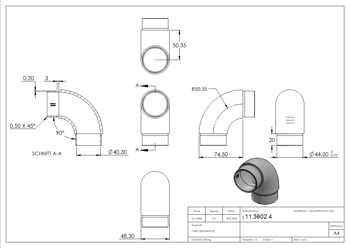 Coude 90° rond, pour tube rond Ø 48.3x2.0 mm V2A