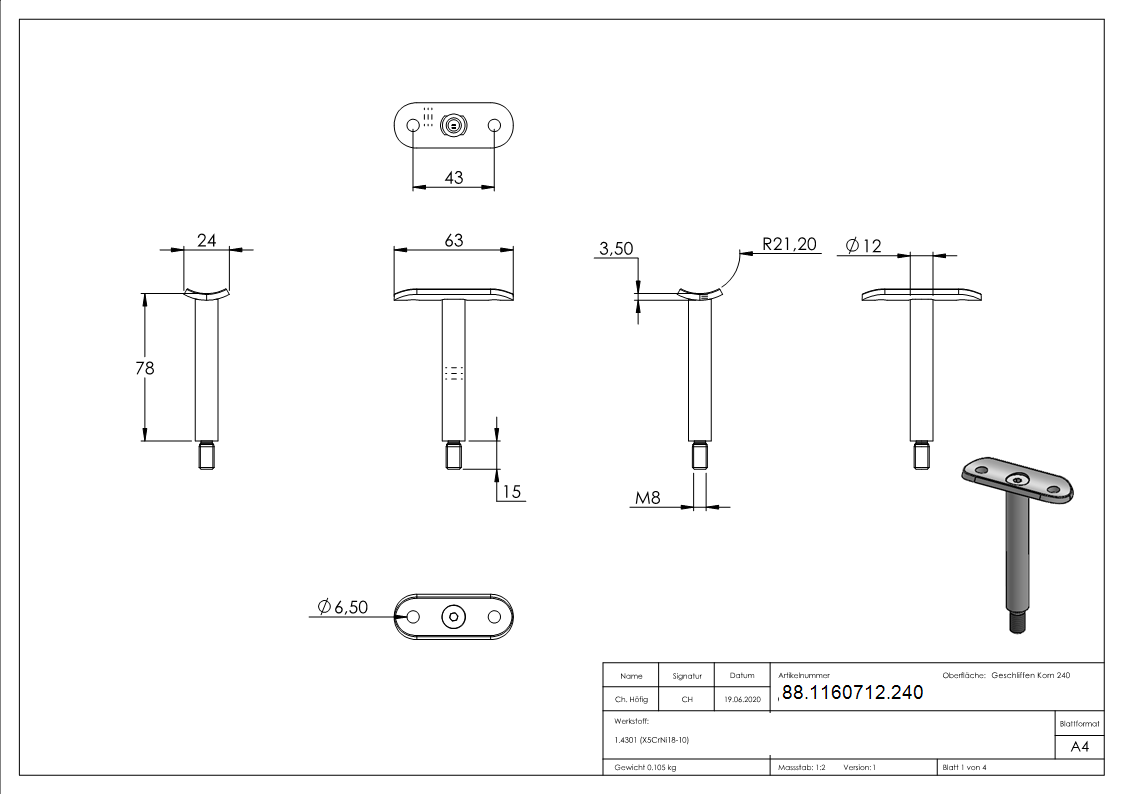 Goupille Ø 12mm avec plaque de retenue 42.4mm, V2A