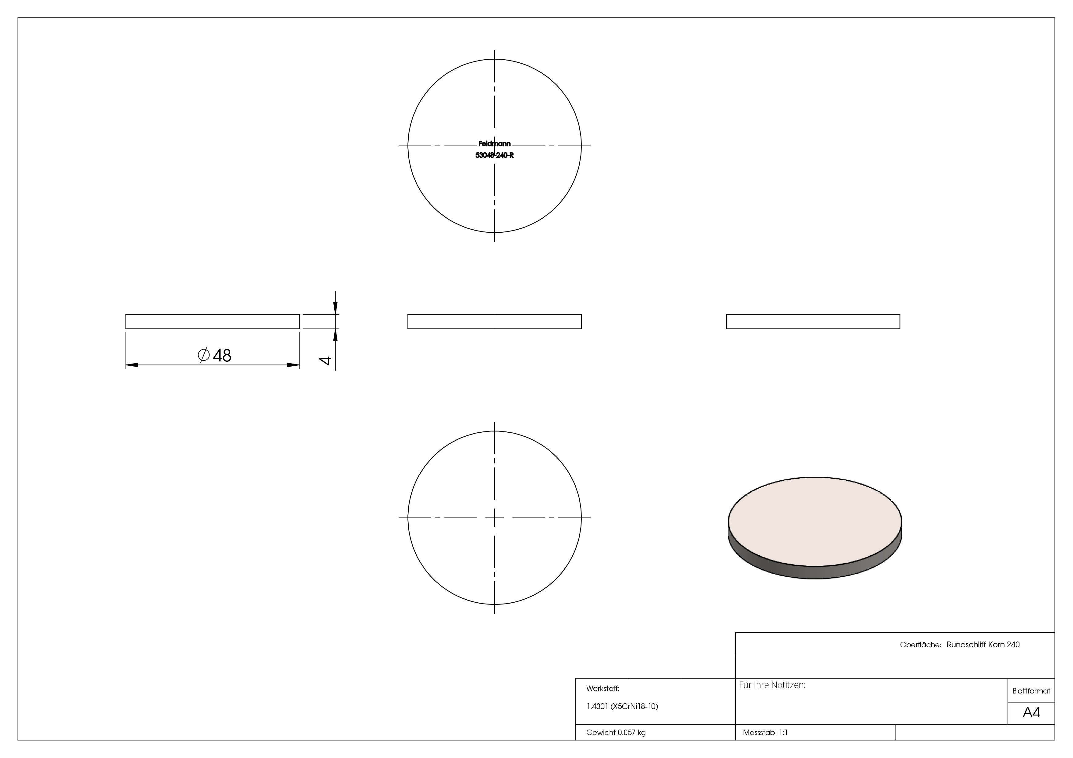 Ebauche circulaire | Dimensions : Ø 48x4 mm | avec meulage circulaire | V2A