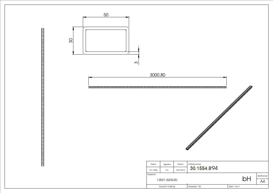 tube rectangulaire | martelé | dimensions : 50x30x2,5 mm | longueur : 3000 mm | acier S235JR, brut