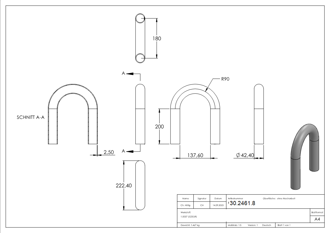 Cintrage de tube d'acier | 180° | 42.4x2.5 mm | Acier S235JR, brut
