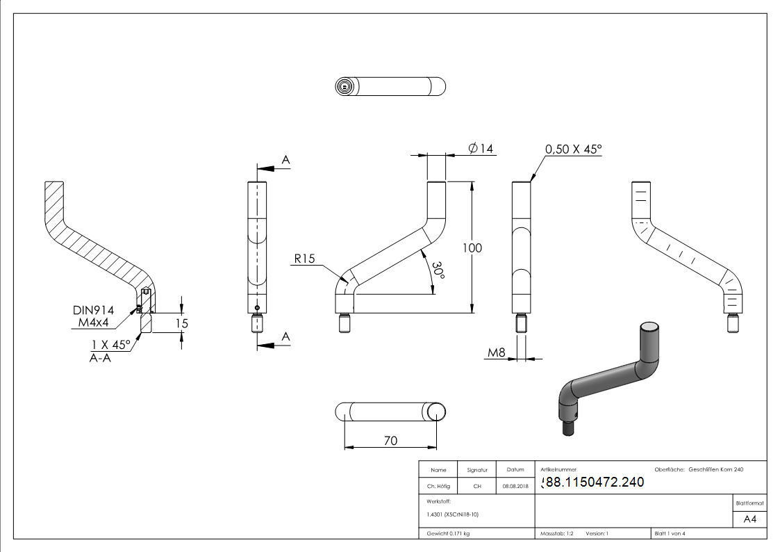 Support Ø 14mm, 2x 30° coudé, V2A