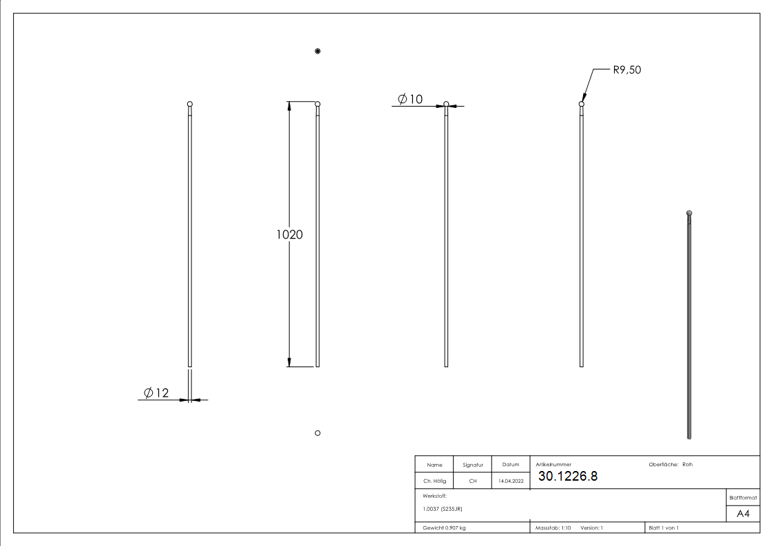 Rail de clôture | longueur : 1020 mm | matériau Ø 12 mm bille Ø 19 mm | acier S235JR, brut