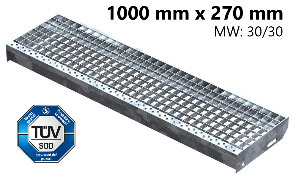 Marche en caillebotis Marche d'escalier | Dimensions : 1000x270 mm 30/30 mm | S235JR (St37-2), galvanisé à chaud en bain complet