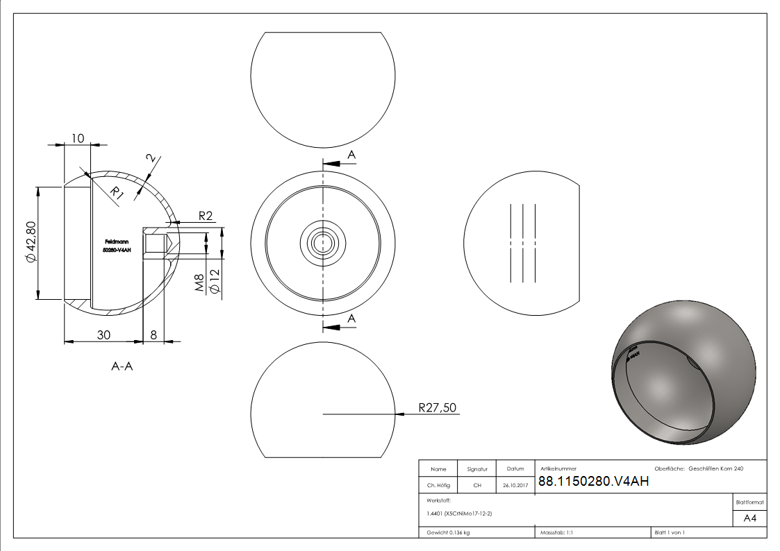 Boule d'extrémité creuse pour tube de 42,4 mm, avec M8
