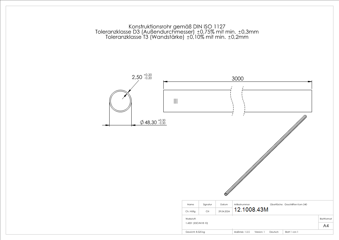 Tube rond Ø 48.3 x 2.6 mm á 3 m