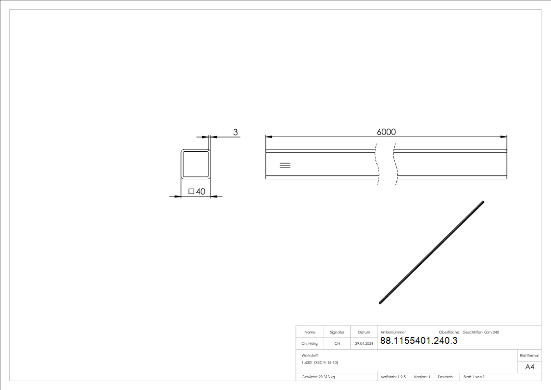 Tube carré, 40 x 40 x 3.0mm, longueur : 6000mm