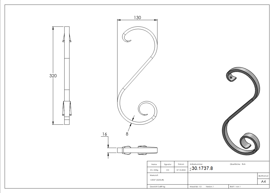 16 series | dimensions : 130x320 mm | matériau : 16x8 mm, lisse | acier S235JR, brut