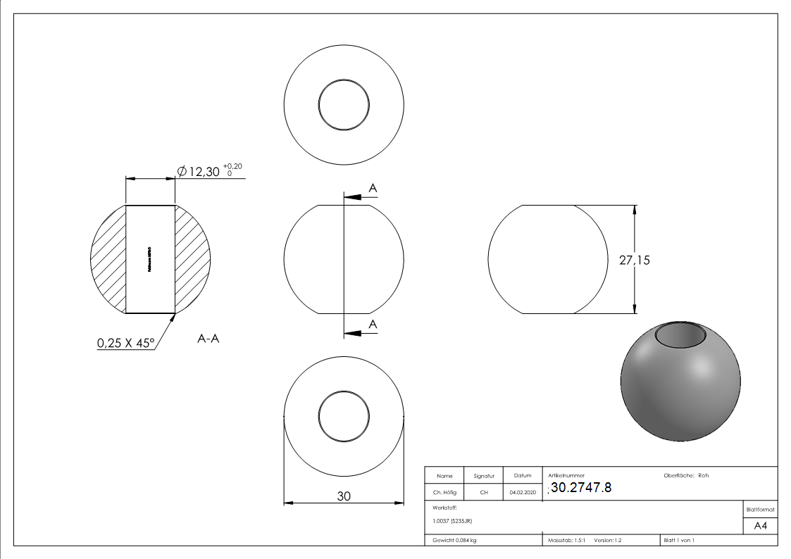 Boule Ø 30 mm | avec trou de 12,2 mm | acier S235JR, brut