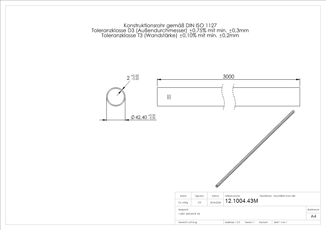 Tube rond Ø 42,0x2,0 mm á 3 m V2A