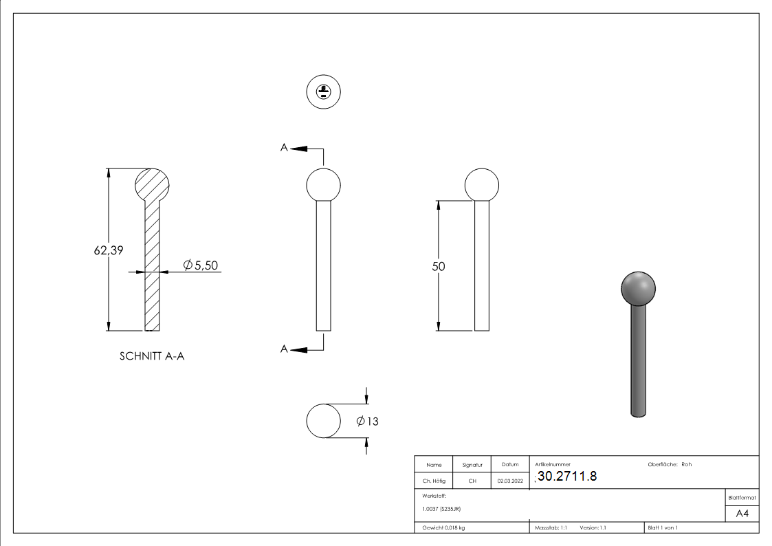 Boulon à tête sphérique Ø 5.5/13 mm | Acier S235JR, brut