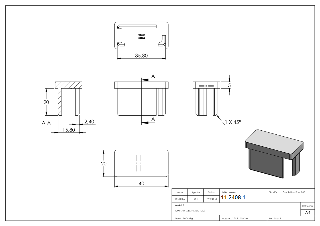 Capuchon d'insertion V4A pour collage pour tube 40x20x2,0 mm